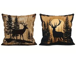 2 Kussenhoezen - 45x45 cm - silhouet hert in bos