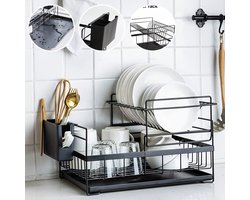 2-laags Afdroogrek voor de Keuken – Ruimtebesparend Rek met Gescheiden Compartimenten voor Borden, Kommen en Bestek – Vrijstaand en Efficiënt Afwateringssysteem