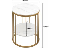 2 Laags Chique Gouden Wit Marmeren Bijzettafel - Ronde Salon Tafel - 40 cm rond - Stijlvol Nacht Kastje- Functionele Aanwinst voor Elk Interieur- Stevige Metalen Gouden Constructie Duurzaamheid & Stabiliteit- Dubbel Tafelblad Praktische Opbergruimte