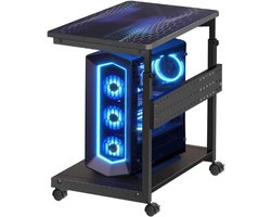 2-Laags CPU Houder Met Wielen - In Hoogte Verstelbare Computertoren Standaard ATX Behuizing - Onder Bureau Printerwagen Met Muismat - Zwart Ruimtebesparend Design