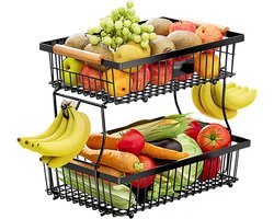2-Laags Fruitmand met Bananenhaken – Grote Metalen Fruitschaal met Houten Handgrepen – Afneembare Fruitmand voor Fruit, Groente, Brood & Snacks – Ruimtebesparende Keuken Organizer – Zwart