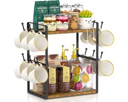 2-laags keuken koffiebar organizer, multifunctionele koffiebekerhouder, opbergplank voor accessoires met 12 haken (vintage bruin + zwart)