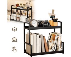 2-Laags Opbergrek Voor Op Het Aanrecht Met Zijmandje - Ruimtebesparende Organizer Voor Parfum Cosmetica En Huidverzorging Grote Capaciteit - Duurzaam Plastic En Metaal - Voor Badkamer Keuken En Studentenkamer - Zwart