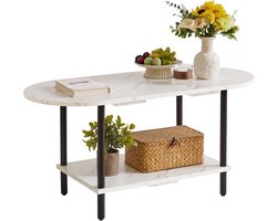 2-laags Ovale Salontafel met Open Opbergplank – 43 cm Hoog – Ruimtebesparende Bijzettafel voor Klein Appartement – Houten Theetafel – Wit Faux Marmer en Zwart Modern Design
