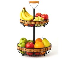 2-laags Rotan Fruitmand met Afneembare Fruitschaal - Zwart, 45 cm Hoog