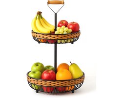 2-laags Rotan Fruitmand met Afneembare Fruitschaal - Zwart, 45 cm Hoog
