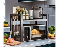 2-laags Uitschuifbaar Magnetron Rek – Verstelbaar 40–65 cm – Met 6 Haken – Zwart – Metalen Keuken Organizer
