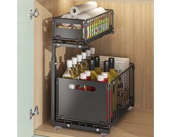 2-Laags Uitschuifbare Kast Organizer – Verstelbaar Keuken Opbergrek – Onder Gootsteen Opbergsysteem met Lade – Voor Kruiden en Keukentoebehoren