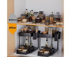 2-Laags Uitschuifbare Keuken Organizer – Onder Gootsteen Rek met Laden, Haken & Bekers – Multifunctioneel Opbergrek voor Keuken, Badkamer & Kast – Ruimtebesparend Kruidenrek – Zwart – Medahomestore