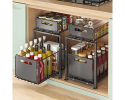 2-laags uittrekbare keuken opbergrek onder kast, zwarte metalen draadmand lade organizer, schuifbare opbergbak voor keukenkast, voor potten pannen voorraad, onderaanrecht opbergoplossing voor keuken en badkamer opruiming