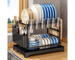 2-laagse uitdroger set, grote metalen afvoer met afvoerrek, bekerhouder, keukengerei houder en extra afvoersysteem - keukenaccessoire voor het drogen en efficiënt organiseren van keukengerei, zwart.