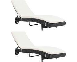 2 ligstoelen met wielen en kussens van PE-rotan, zwart, verstelbare rugleuning voor tuin, terras en balkon, onderhoudsvriendelijke en duurzame ligstoelset