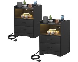2 mobiele nachtkastjes met 4 wielen, 2 laden, RGB-verlichting en USB-C, zwart