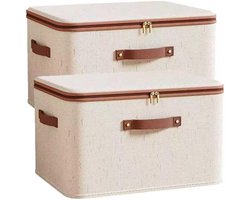 2 opbergvakken met ritssluiting, 56 liter vouwbare kledingopbergvakken met pu-leren hengsels, ademend katoenen hennepweefsel voor garderobe en garderobe (wasbaar) (extra groot 49 * 37 * 31 cm)