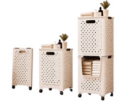 2 Opvouwbare Wasmanden met Wieltjes – Stapelbare Wassorteerder met Handdoekrek, Ventilatiegaten en Uitschuifbare Mand.