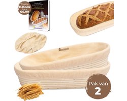 2 Ovaal Rijsmanden - Handgemaakt Bio Rotan - Banneton Ø 35 cm met 2 Linnen Inlegstukken per Mand - Broodmandje Capaciteit 1 kg Deeg - Inclusief NL Handleiding - Gratis E-book en Lidmaatschap