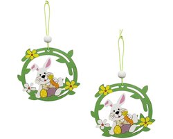 2 Paasornament - 8,5 × 7,6 cm - Houten decoratieve hangdecoratie voor in huis - Geschikt voor paasbomen - Kan gebruikt worden in gangen, deuropeningen, badkamers, entrees, woonkamers, kantoren, huizen en garages