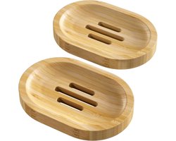 2-Pack Bamboe Zeephouder - Met Antislip Rubberen Voetjes - Zelflozend - Houten Zeepschaaltje - Naturel - Ovaal