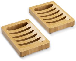 2-Pack Bamboe Zeephouder - Met Antislip Rubberen Voetjes - Zelflozend - Houten Zeepschaaltje - Naturel - Vierkant