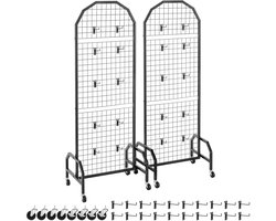 2-Pack Draadroosterpanelen met Wielen, 600 X 1640 mm Displayrekken, Zwarte Koolstofstalen Panelen met 20 Haken voor Tentoonstellingen, Opslag, Decoratie en Mededelingenborden