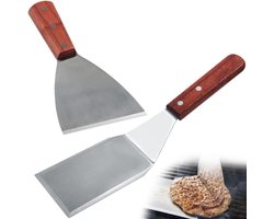 2-pack grillspatel met houten handvat - Grote spatel van roestvrij staal - Grillschraper met afgeschuinde rand - Geschikt voor grillspatels, hamburgerspatels, gietijzeren koekenpannen en koekenpannen