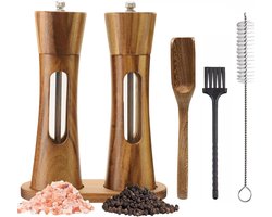 2-Pack Houten Zout- & Pepermolen Set – 8 Inch Hervulbaar – Met Transparant Venster – Keramische Molens – Verstelbare Maalgraad