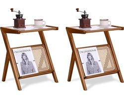 2 Pack Kleine Bruine Rotan Nachtkastjes, Bamboe Glas Top Side Tables