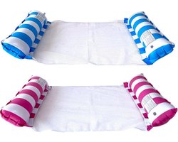 2-pack opblaasbare watermatrassen, drijvende hangmatten, 4-in-1 drijvende hangmatten, opvouwbare zwembadhangmatten, strandstoelen (blauw + roze)