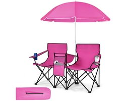 2-pack opvouwbare kampeerstoelen met paraplu, bekerhouder en koeltas, opvouwbare stoel voor 2 personen, visstoel in tas, opvouwbare stoel met dubbele zitting (roze)