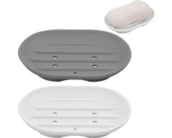 2-pack siliconen zeepbakje, zelfdrainerend, lekvrij, zeephouder, droge zeephouder, zeepbakje, zeepcontainer met afvoer, reisformaat, eenvoudig te reinigen - (grijs + wit)