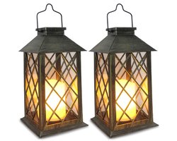 2-Pack Solar Lantaarns met Kaarseffect - 2 stuks zonne-energie lantaarns voor buiten, waterdicht, hangende lampen op zonne-energie, decoratieve verlichting voor buiten, tuindecoratie, retro lantaarn voor tuin, terras, pad, boom