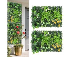 2 panelen met groene kunstplanten met bloemen en groene wand, geschikt voor binnen, buiten, muur, balkon, tuin, achtergronddecoratie voor bruiloften, 60 x 40 cm (C)