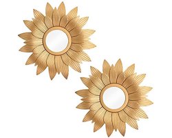 2 Pcs Modern Small Round Decor Golden Flower Wall Mirrors Home Accessories for Bedroom, Living Room and Dining Room