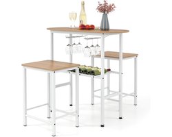 2-Persoons Bartafel Set met 2 Krukken – Ovale Hoge Eettafel met Wijnglashouders en Wijnrek – Metaalframe en Houten Blad – Keukentafel, Huisbar, Woonkamer & Eetkamer | NoviHome