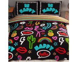 2-persoons dekbedovertrek “be happy” zwart met felle fluoriserende neon licht reclame met droedels: flamingo, cactus en regenboog tweepersoons 200 x 200 cm (slaapkamer tiener)