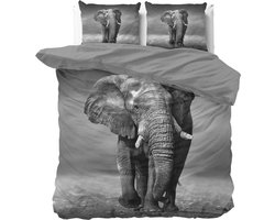 2-persoons dekbedovertrek (dekbed hoes) antraciet grijs met levensgrote olifant in de wilde natuur (fotoprint elephant in Afrika) KATOEN tweepersoons 200 x 220 cm (natuurprint dieren beddengoed)
