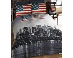 2-persoons dekbedovertrek (dekbed hoes) met skyline van de stad New York City en Amerikaanse vlag (rood / blauw met sterren /Stars and Stripes uit Amerika) tweepersoons 200 x 200 cm (stoer beddengoed tienerkamer!)