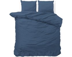 2-persoons dekbedovertrek (dekbed hoes) navy blauw / donkerblauw gestreept met fijne smalle strepen / banen tweepersoons 200 x 220 cm (rustig uni / effen beddengoed, slaapkamer jong en oud)