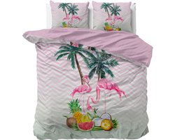 2-persoons dekbedovertrek (dekbed hoes) roze – wit met flamingo’s (vogels) onder palmbomen met tropisch fruit (ananas, meloen, kokosnoot, bananen) tweepersoons 200 x 220 cm (vrolijk meisjes beddengoed / meiden slaapkamer)