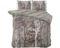 2-persoons dekbedovertrek (dekbed hoes) taupe – bruin met bomen, takken, bladeren, dennenbomen in bos / natuur (contour) KATOEN tweepersoons 200 x 220 cm (TOP kwaliteit beddengoed slaapkamer, cadeau idee Sint & Kerst!)