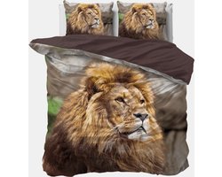 2-persoons dekbedovertrek (dekbed hoes) taupe-bruin met wilde leeuw op safari (lion / wilde dieren / natuur) met manen KATOEN tweepersoons 200 x 220 cm (natuurlijk beddengoed kinderkamer!)