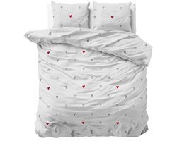 2-persoons dekbedovertrek (dekbed hoes) wit met kleine zwarte en rode hartjes / hearts twee persoons 200 x 220 cm (rustig beddengoed meidenkamer / tieners)