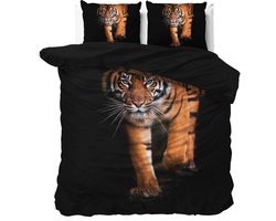 2-persoons dekbedovertrek (dekbed hoes) zwart met grote goudbruine tijger / tiger (wild dier) tweepersoons 200 x 220 cm (rustig beddengoed slaapkamer)