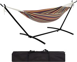 2-Persoons Hangmat met Standaard - Tot 200 kg - Inclusief Draagtas - Braziliaans Design Katoen - Voor Tuin, Balkon & Binnen - Regenboog / Geel Gestreept