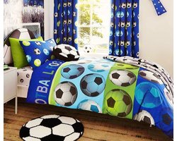 2-persoons jongens dekbedovertrek (dekbed hoes) blauw met fel groene streep (limegroen) en grote voetballen “football” CL tweepersoons 200 x 200 cm (stoere kinderkamer / voetbal slaapkamer tieners!)