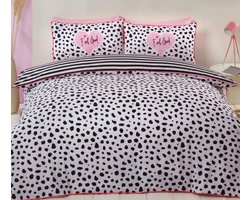2-persoons meisjes dekbedovertrek (dekbed hoes) wit met zwarte dalmatiër stippen (panter / luipaard / dieren print) met hartje en roze rand (achterzijde gestreept / strepen) tweepersoons 200 x 200 cm (lief meiden beddengoed / tiener slaapkamer)