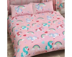 2-persoons meisjes dekbedovertrek roze “I believe in unicorns” met schattige eenhoorns (pony / paard), regenbogen (regenboog), hartjes, sterren en wolken tweepersoons 200 x 200 cm (lief beddengoed meiden kamer / slaapkamer kinderen!)