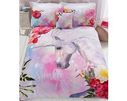 2-persoons meisjes dekbedovertrek wit / roze met grote unicorn / eenhoorn (paard) “sparkle and shine” tussen bloemen en rozen tweepersoons 200 x 200 cm (kinderkamer meiden tieners!)