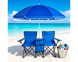 2-Persoons Opvouwbare Campingstoel met Parasol – Dubbele Loveseat – Geïntegreerd Koelvak & Bijzettafel – Belastbaar tot 270 kg – Inclusief Draagtas – Voor Camping, Strand & Tuin