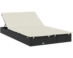 2-persoons PE-rotan zonnebed met rond dak, verstelbare zitting, stalen frame gepoedercoat, 211 x 112 x 140 cm, zwart